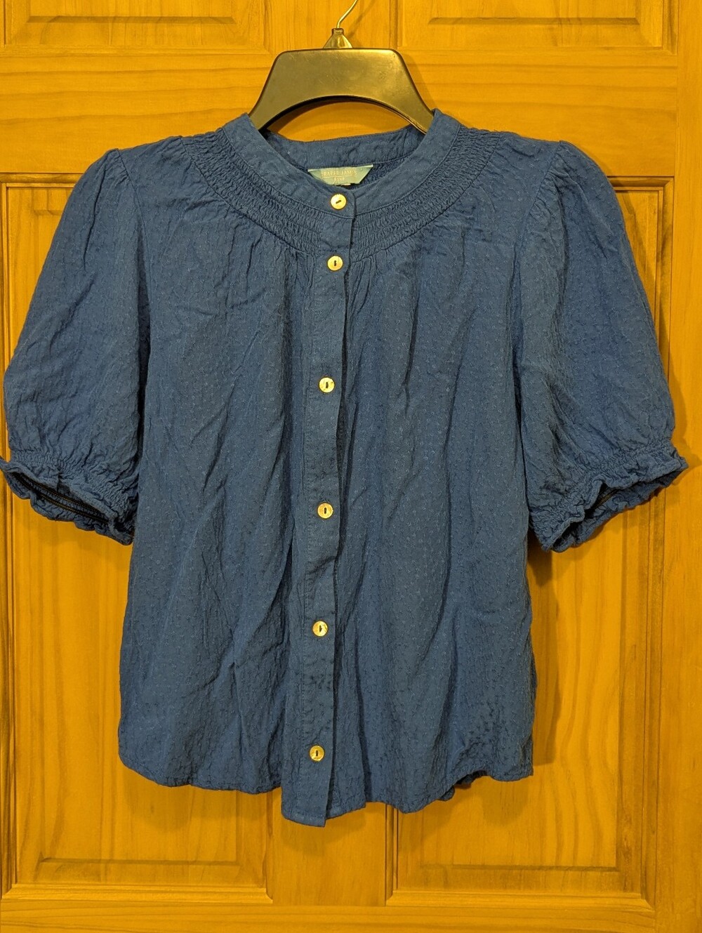 Draper James RSVP Blouse Elbow Sleeve Button Front Smocked Blue Womens SM Casual